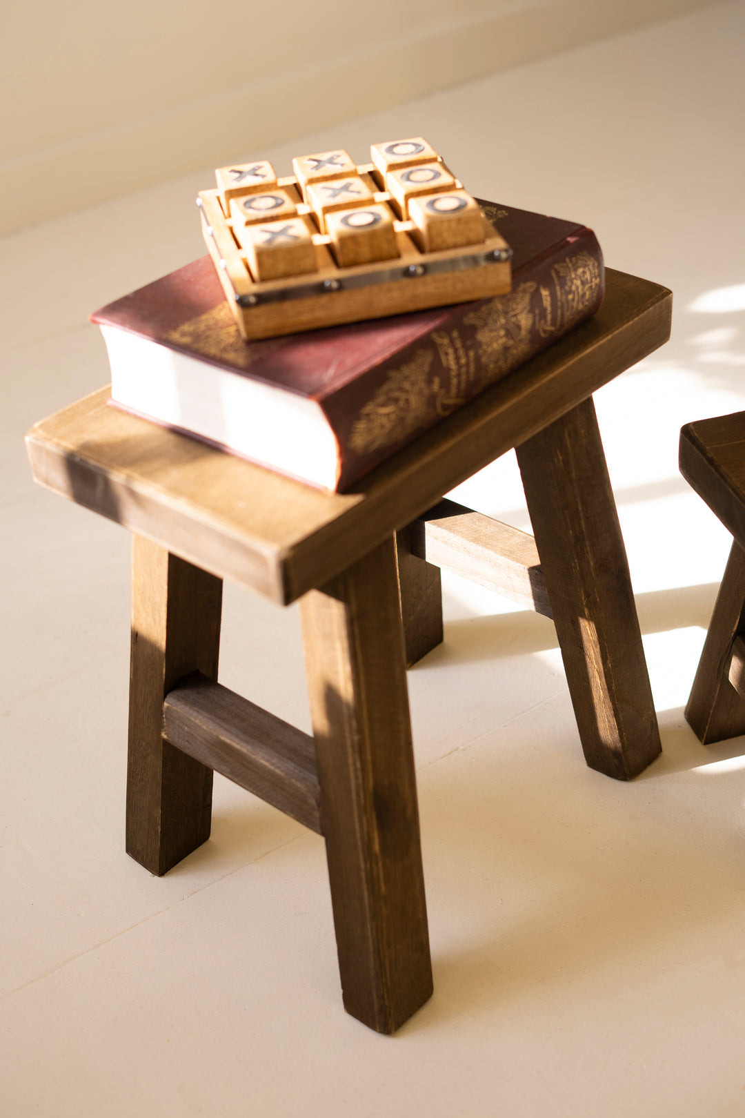 Set of 2 Dark Brown Rectangle Wood Stools