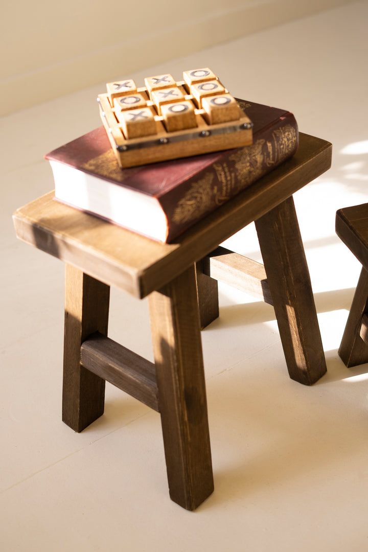 Set of 2 Dark Brown Rectangle Wood Stools