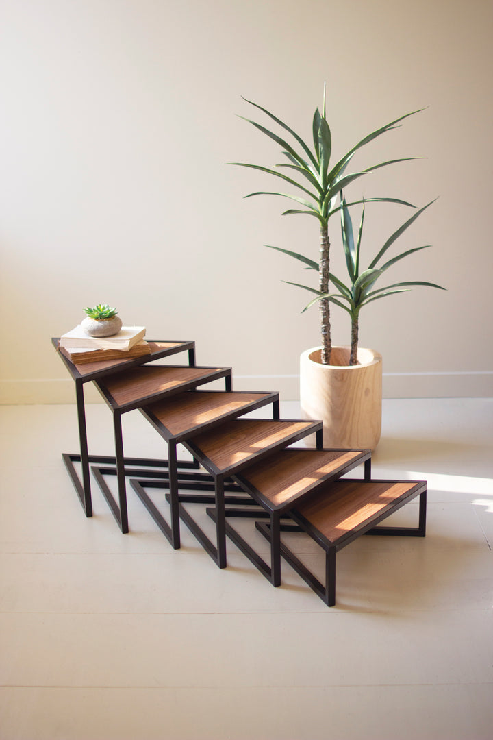 Set Of 6 Metal And Wood Triangle Risers