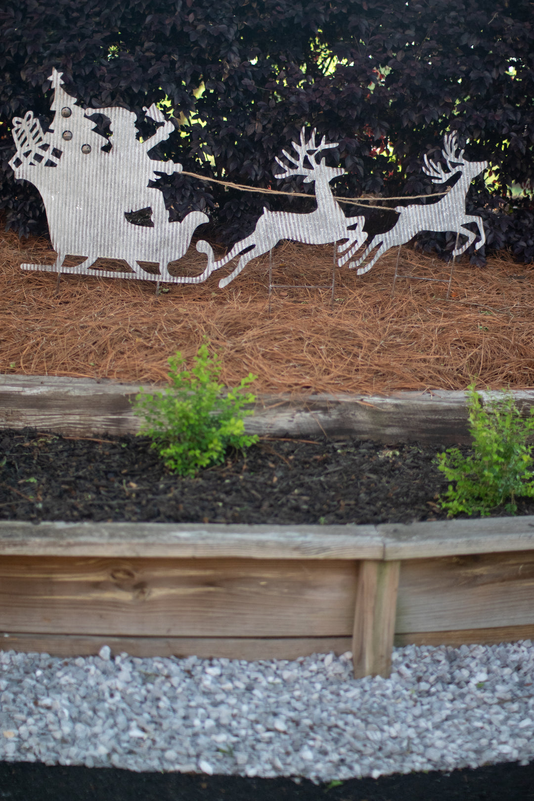 Corrugated Metal Santa Sleigh and Two Reindeer Yard Art