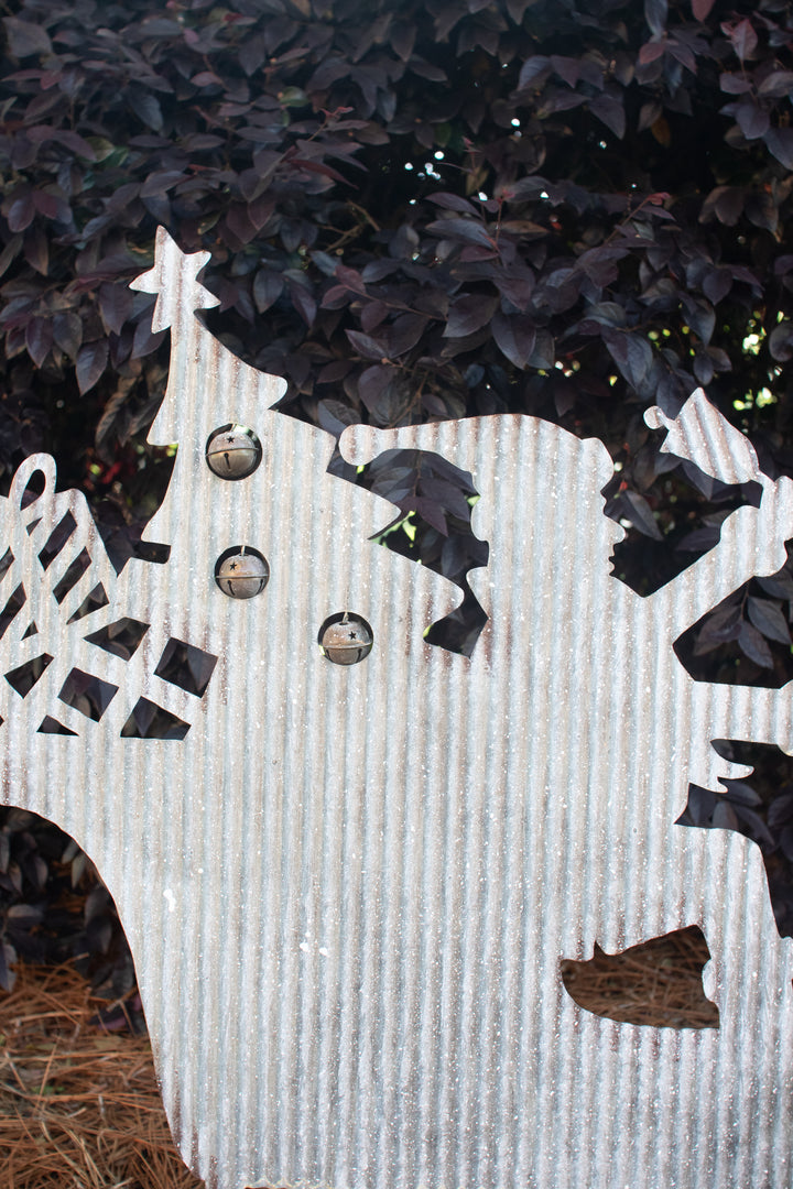 Corrugated Metal Santa Sleigh and Two Reindeer Yard Art