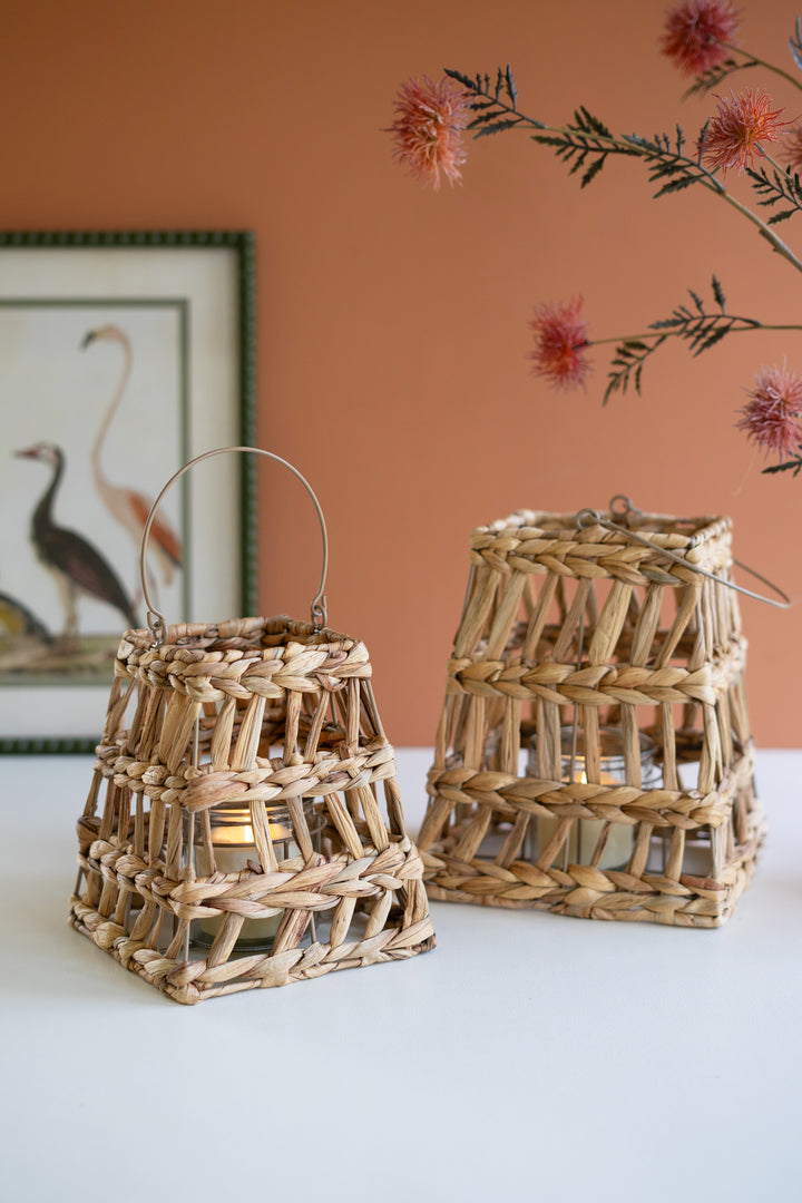 Set of 2 Seagrass Lanterns with Glass Inserts