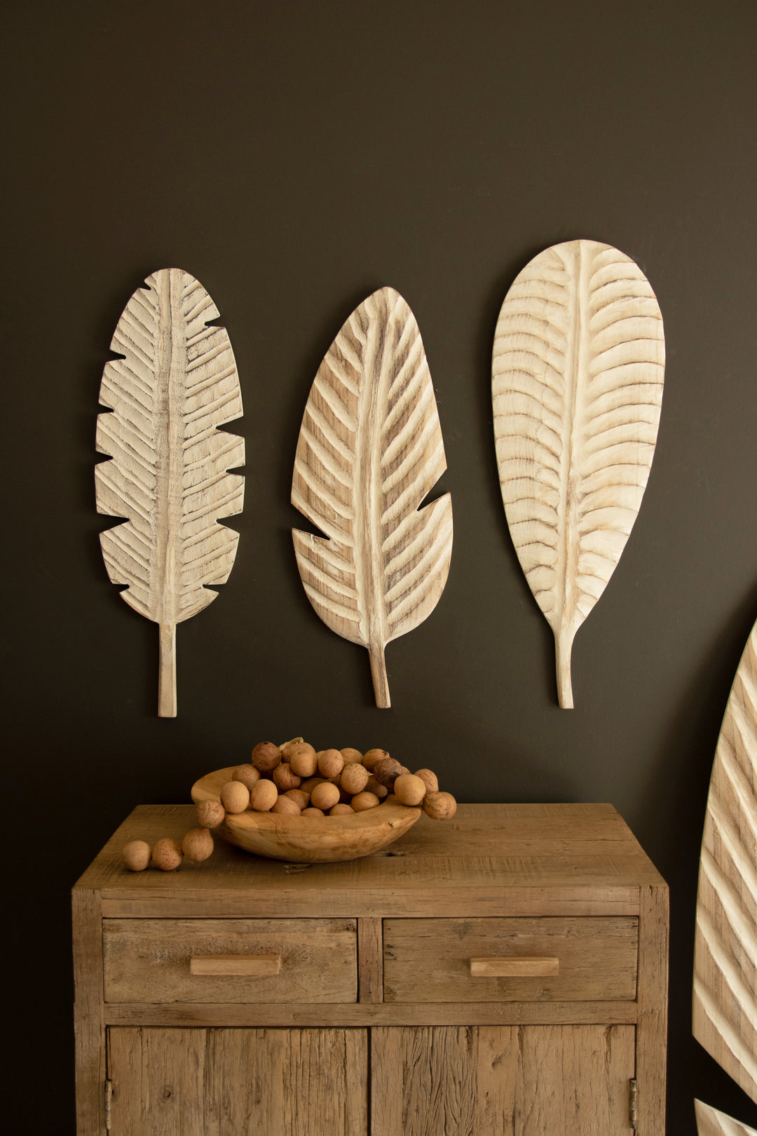 Set of 3 Hand-Carved Paulownia Wood Leaves Wall Art