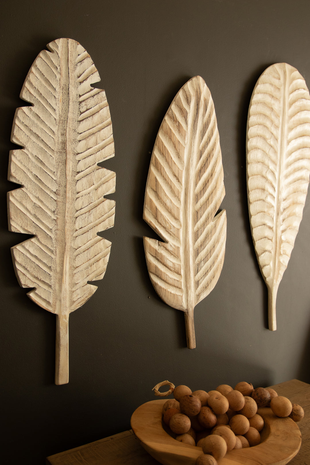 Set of 3 Hand-Carved Paulownia Wood Leaves Wall Art