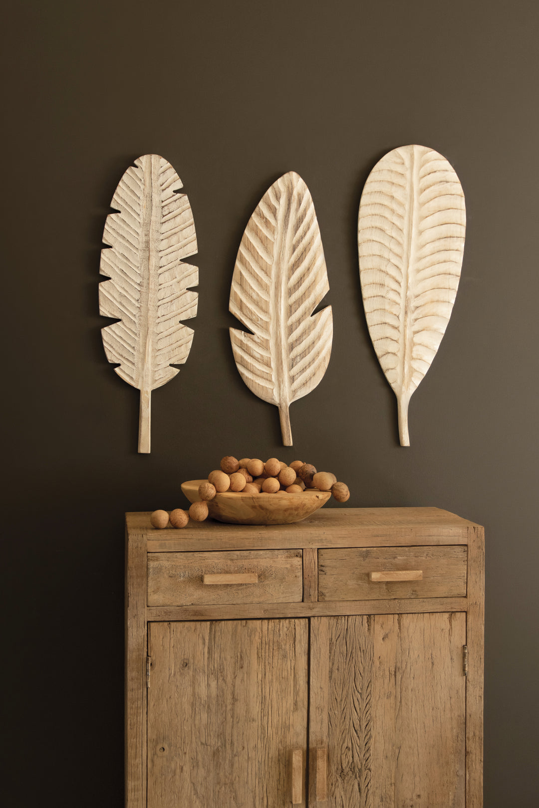 Set of 3 Hand-Carved Paulownia Wood Leaves Wall Art