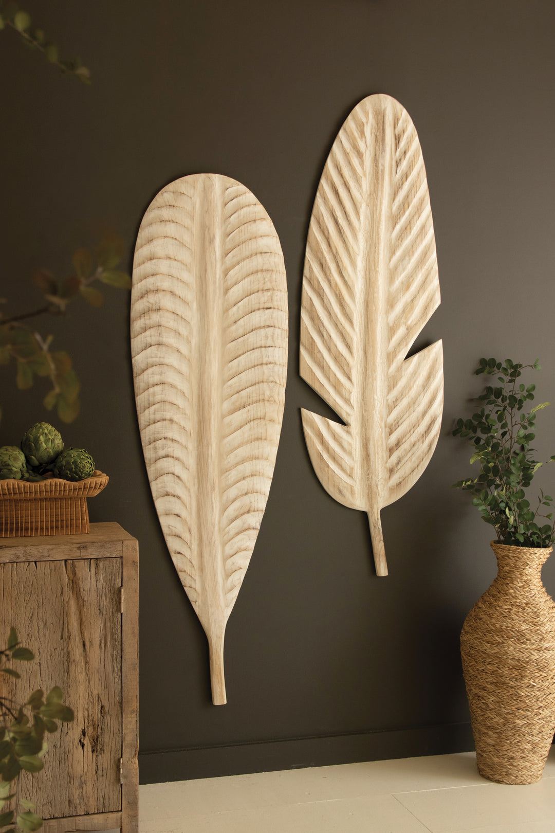 Set of 2 Giant Hand-Carved Paulownia Wood Leaves Wall Art