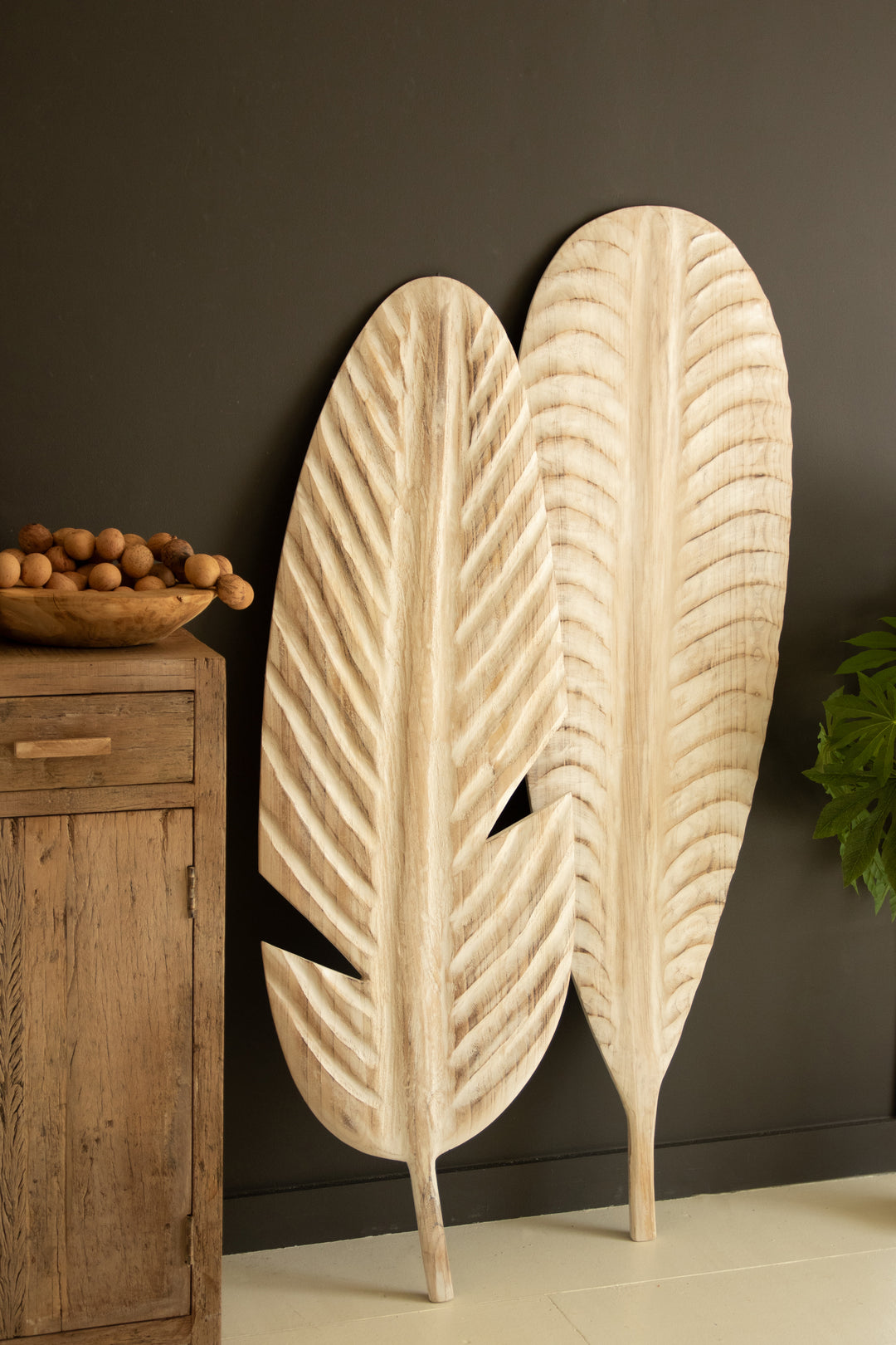 Set of 2 Giant Hand-Carved Paulownia Wood Leaves Wall Art