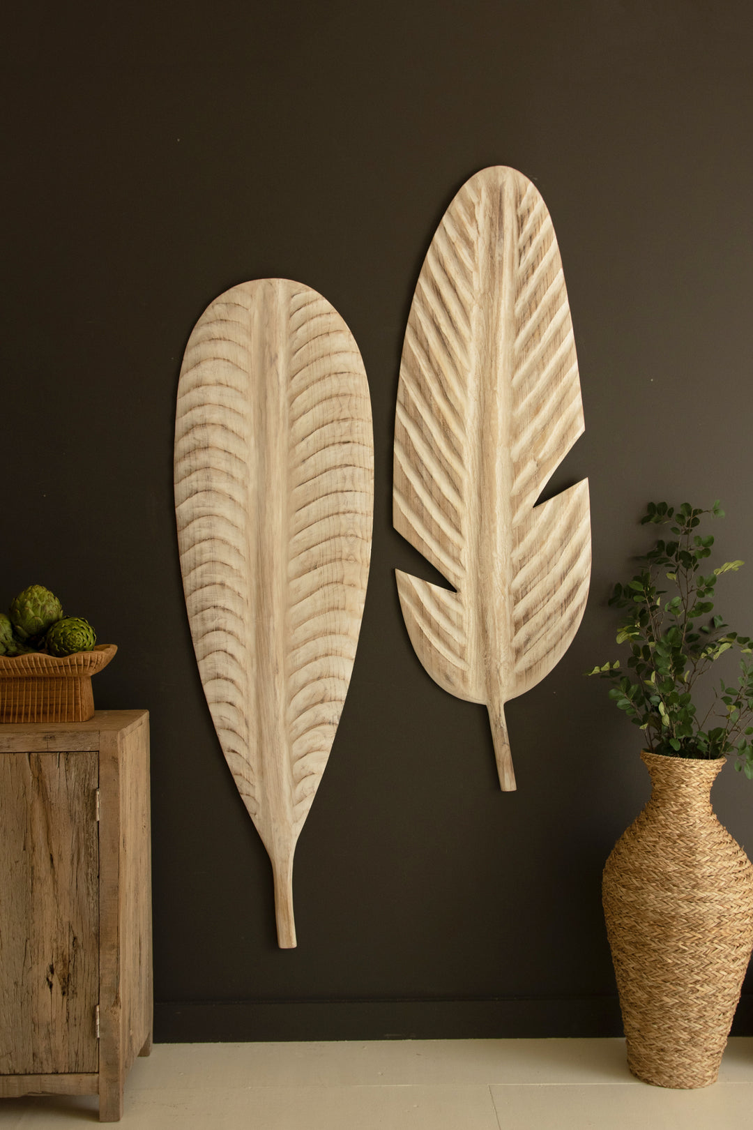 Set of 2 Giant Hand-Carved Paulownia Wood Leaves Wall Art