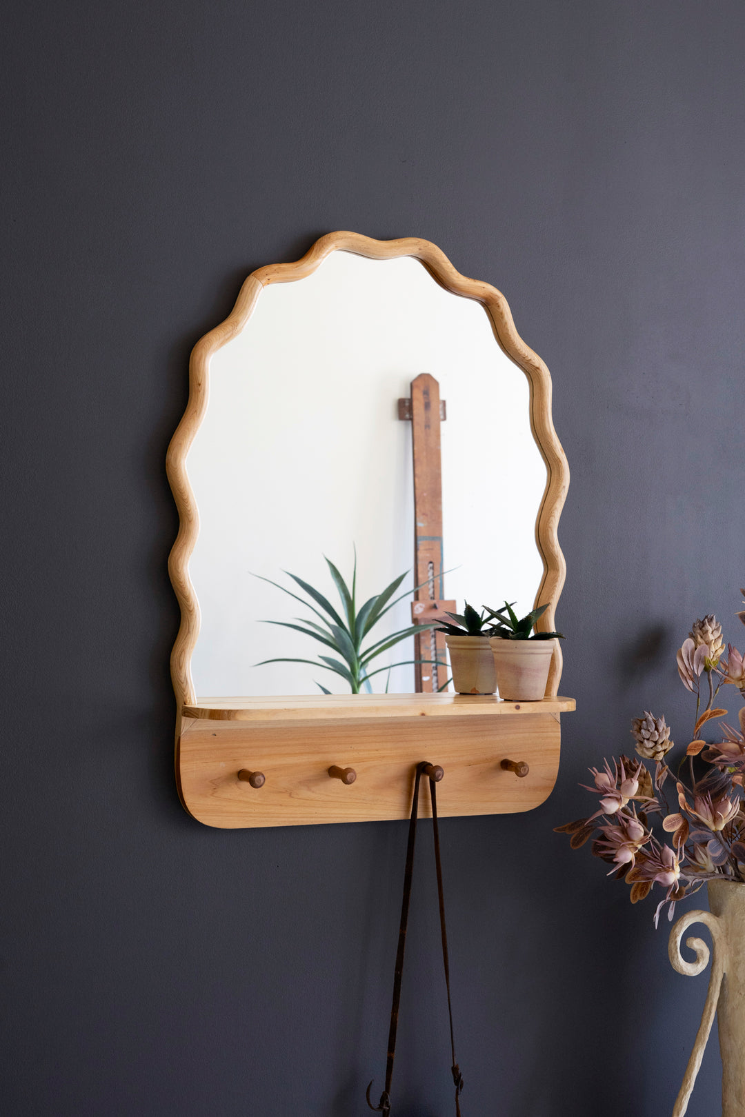 Arched Squiggle Wood Framed Mirror with Shelf and Coat Hooks