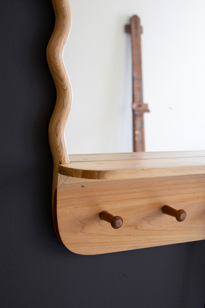 Arched Squiggle Wood Framed Mirror with Shelf and Coat Hooks