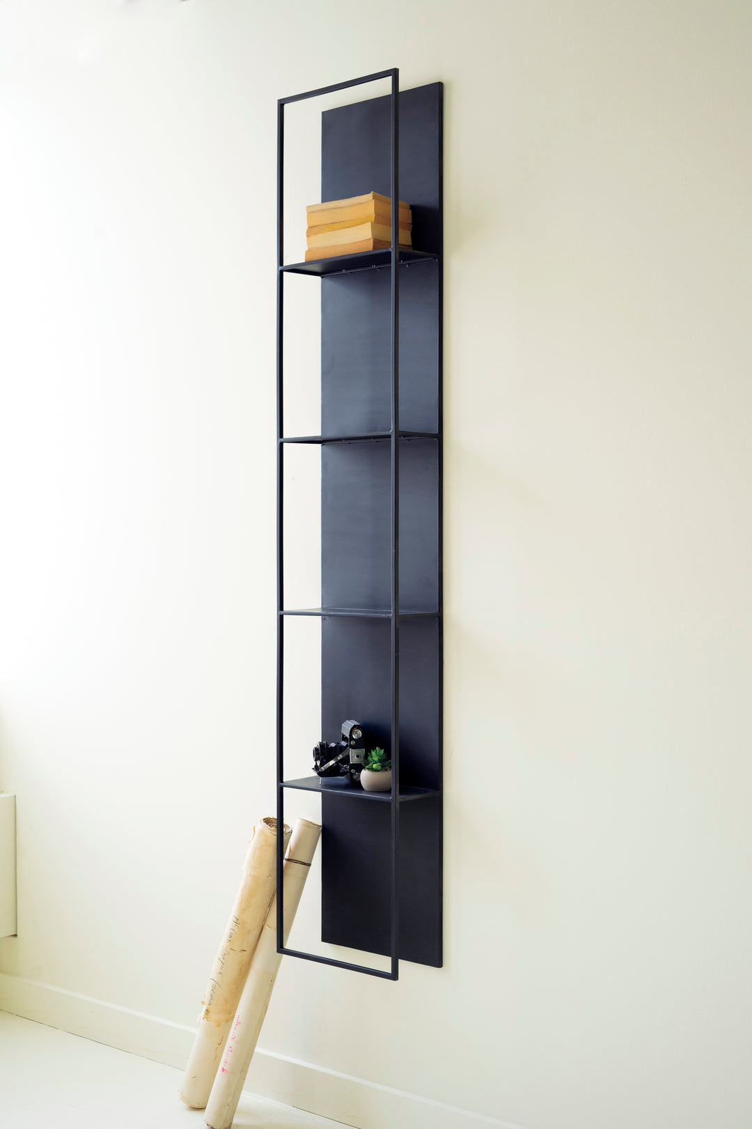 Tall Black Metal Four-Tiered Wall Shelf