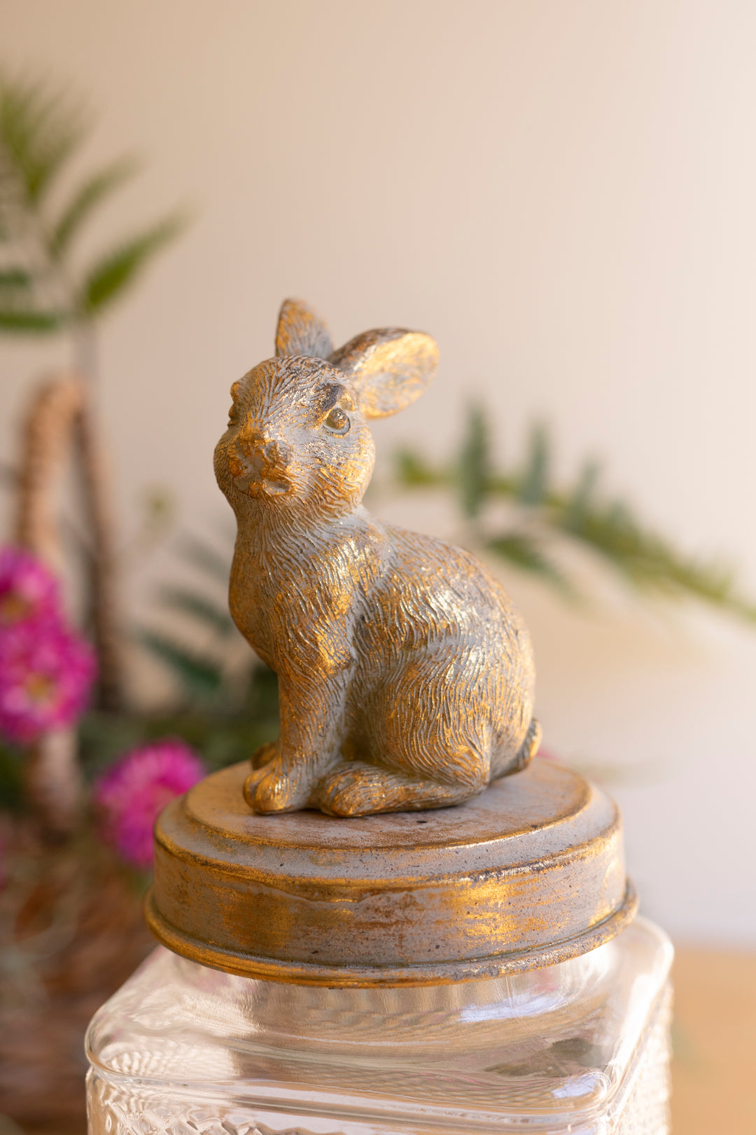 Set of 2 Resin and Glass Rabbit Canisters
