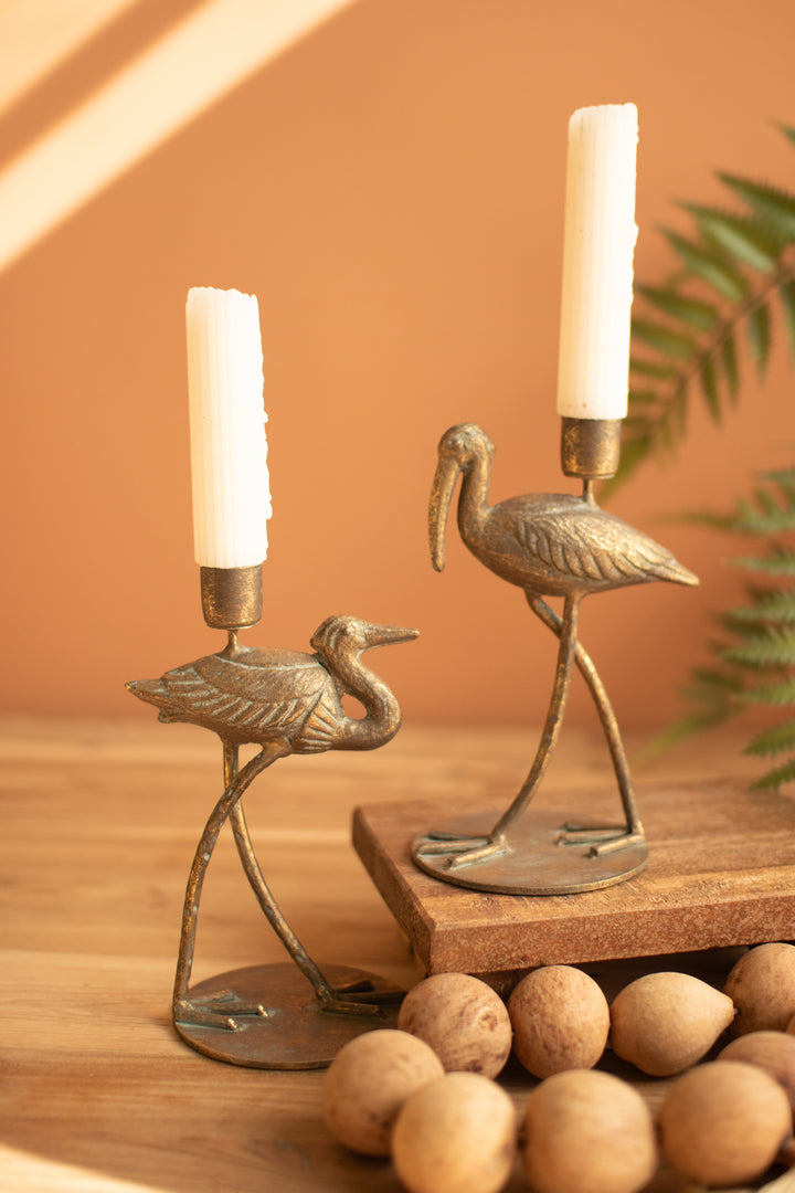 Set of 2 Antique Brass Shorebird Taper Candle Holders