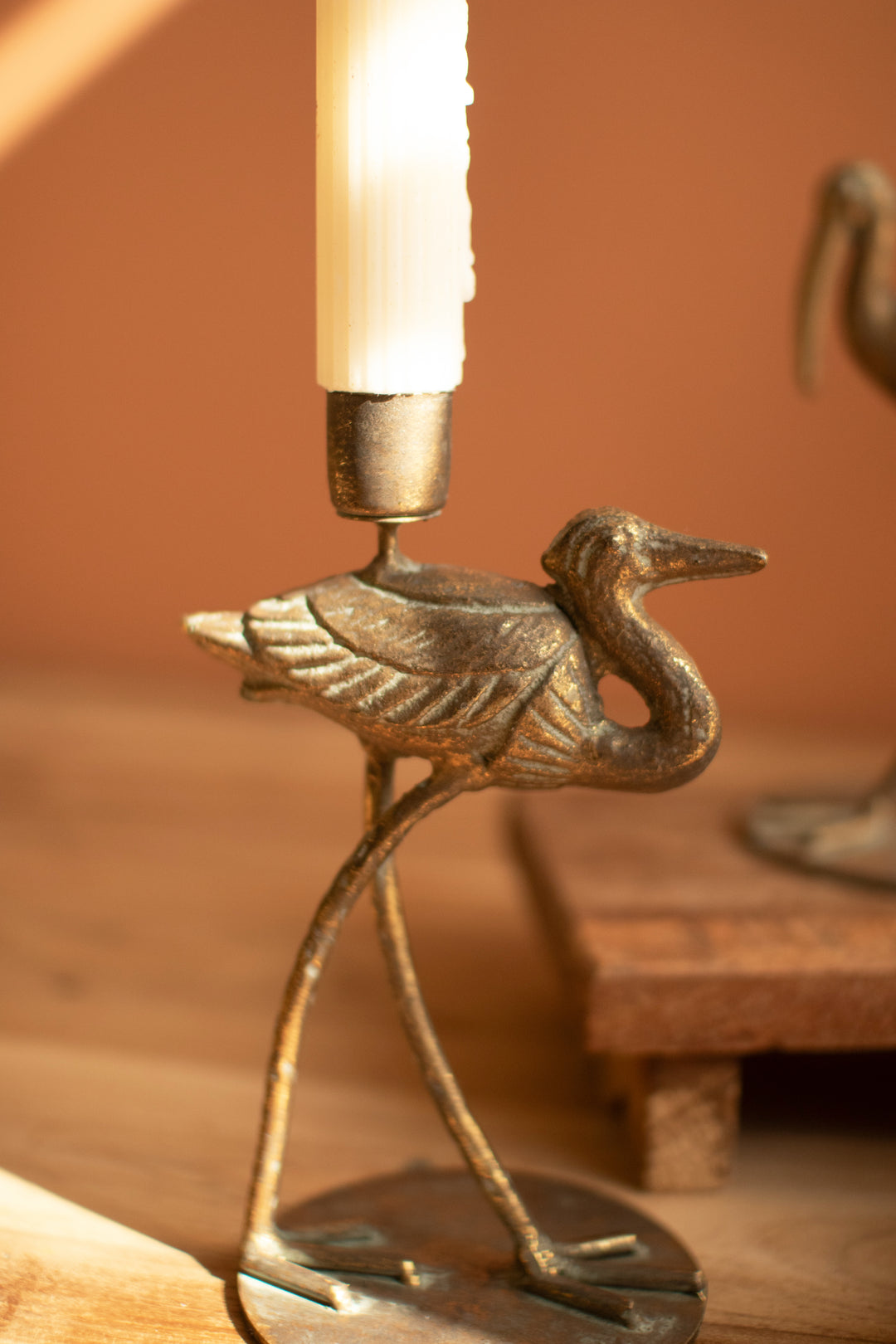 Set of 2 Antique Brass Shorebird Taper Candle Holders