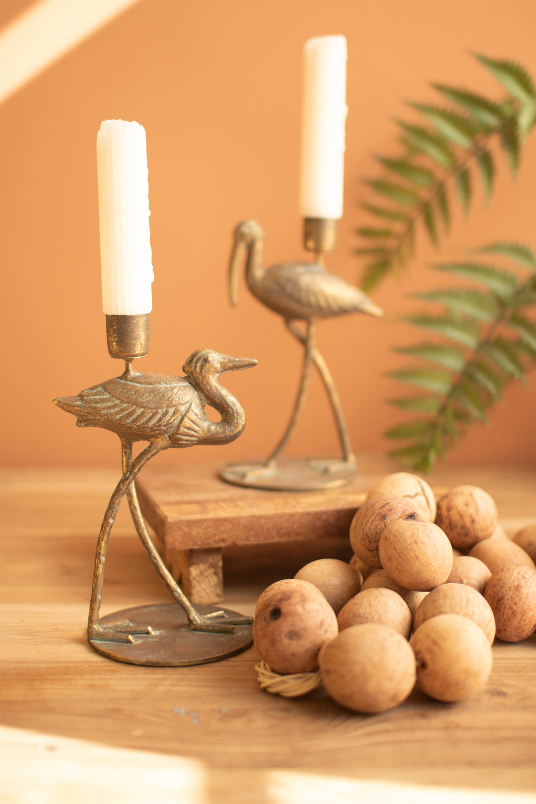 Set of 2 Antique Brass Shorebird Taper Candle Holders