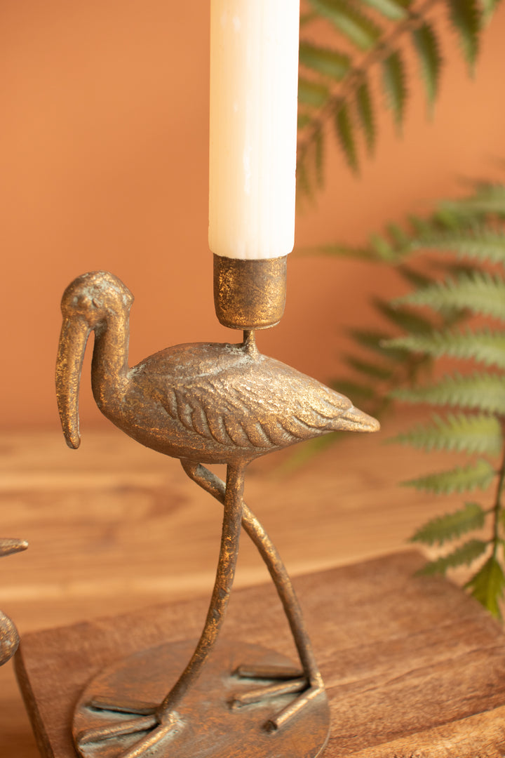 Set of 2 Antique Brass Shorebird Taper Candle Holders