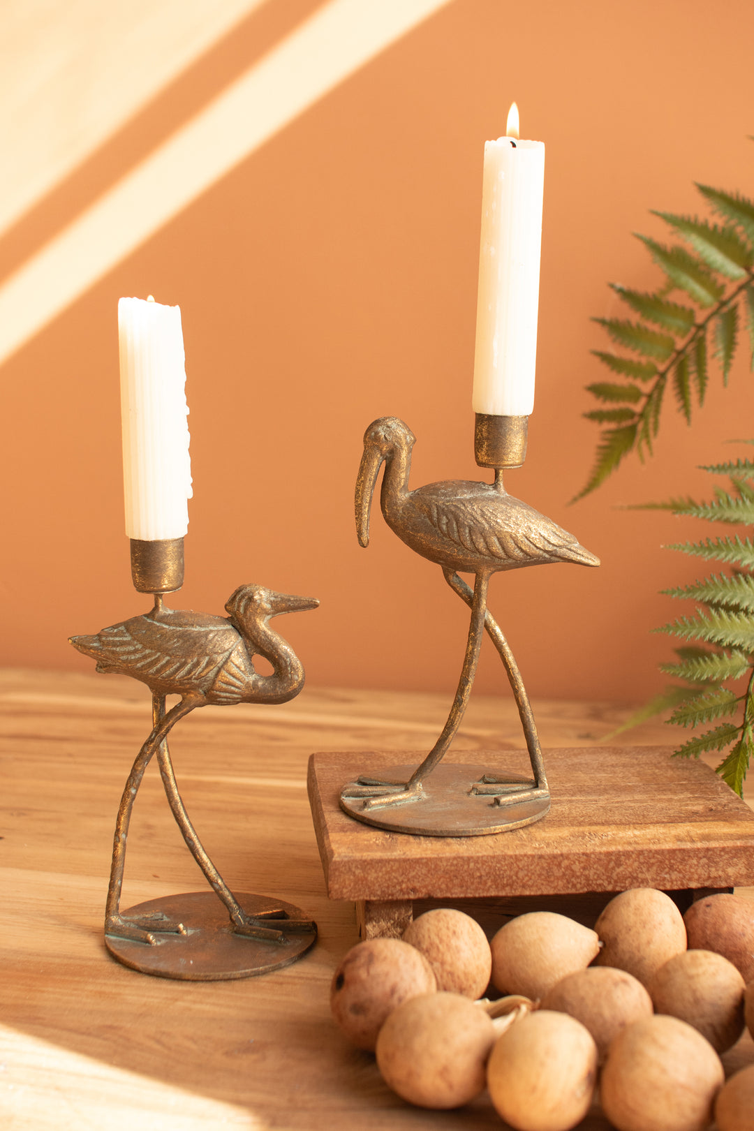 Set of 2 Antique Brass Shorebird Taper Candle Holders
