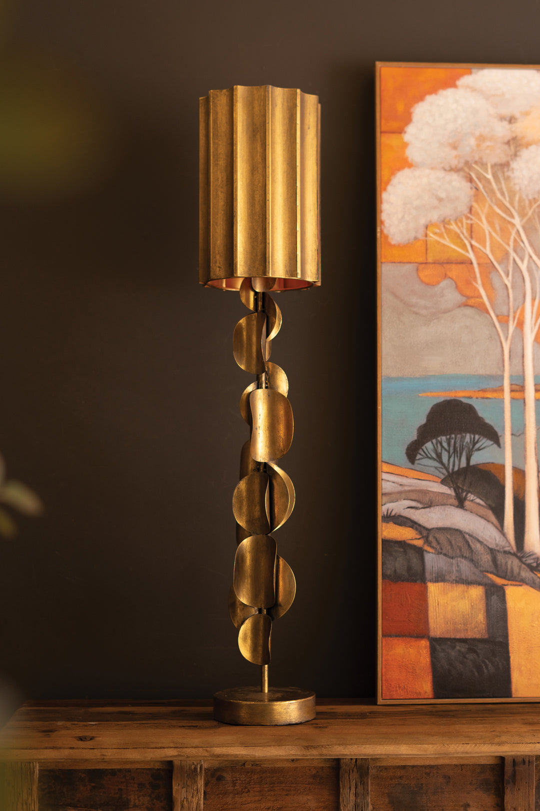 Tall Metal Table Lamp with Antique Gold Finish and Fluted Metal Shade