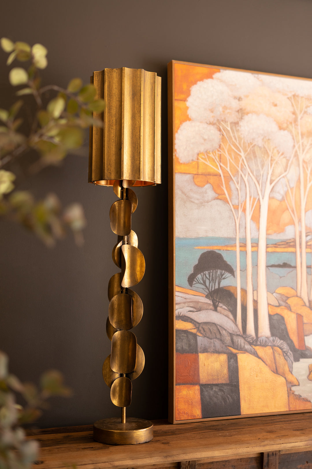 Tall Metal Table Lamp with Antique Gold Finish and Fluted Metal Shade