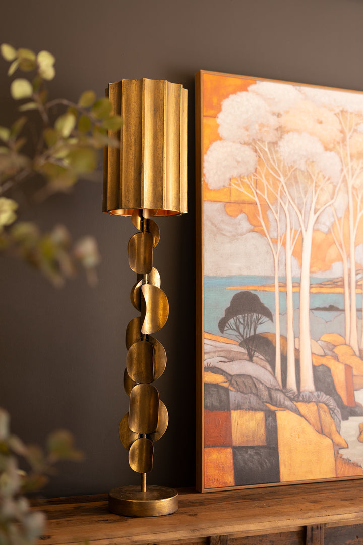 Tall Metal Table Lamp with Antique Gold Finish and Fluted Metal Shade