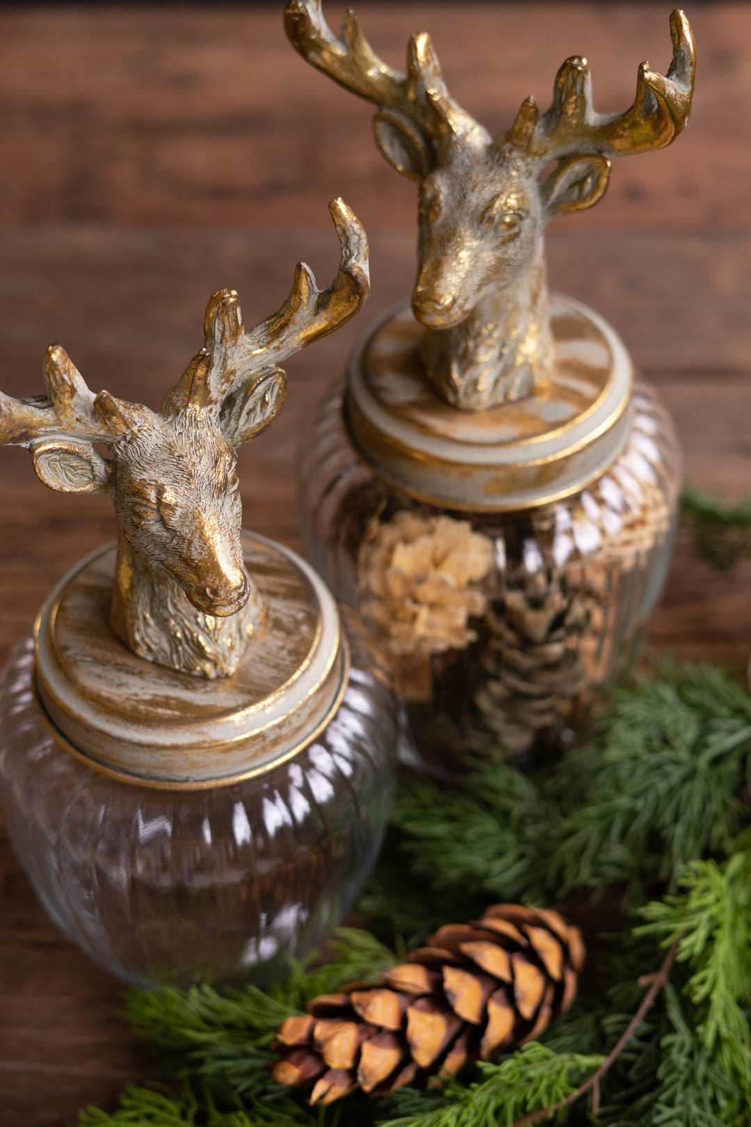 Set of 2 Glass Canisters with Reindeer Tops