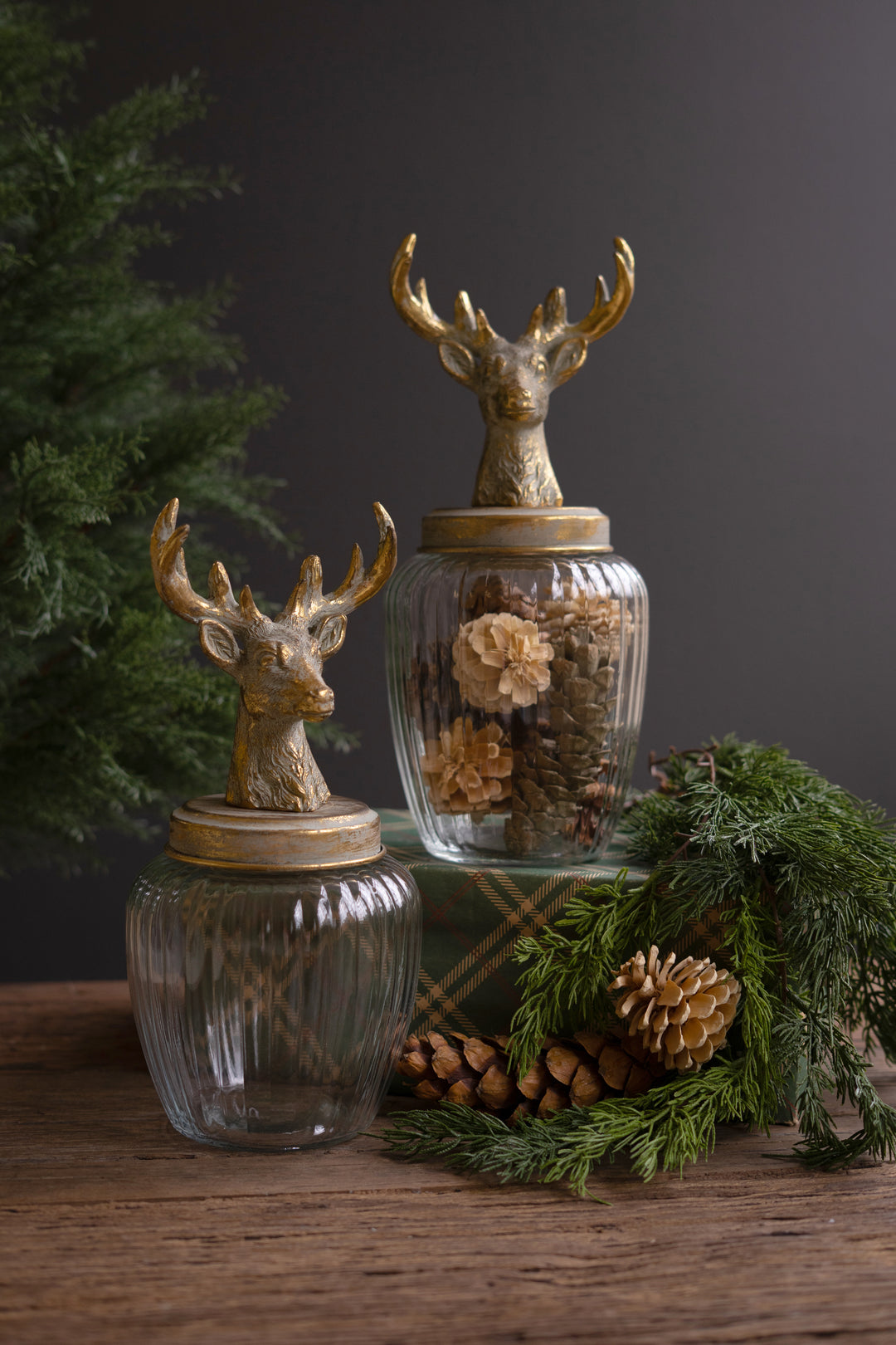 Set of 2 Glass Canisters with Reindeer Tops
