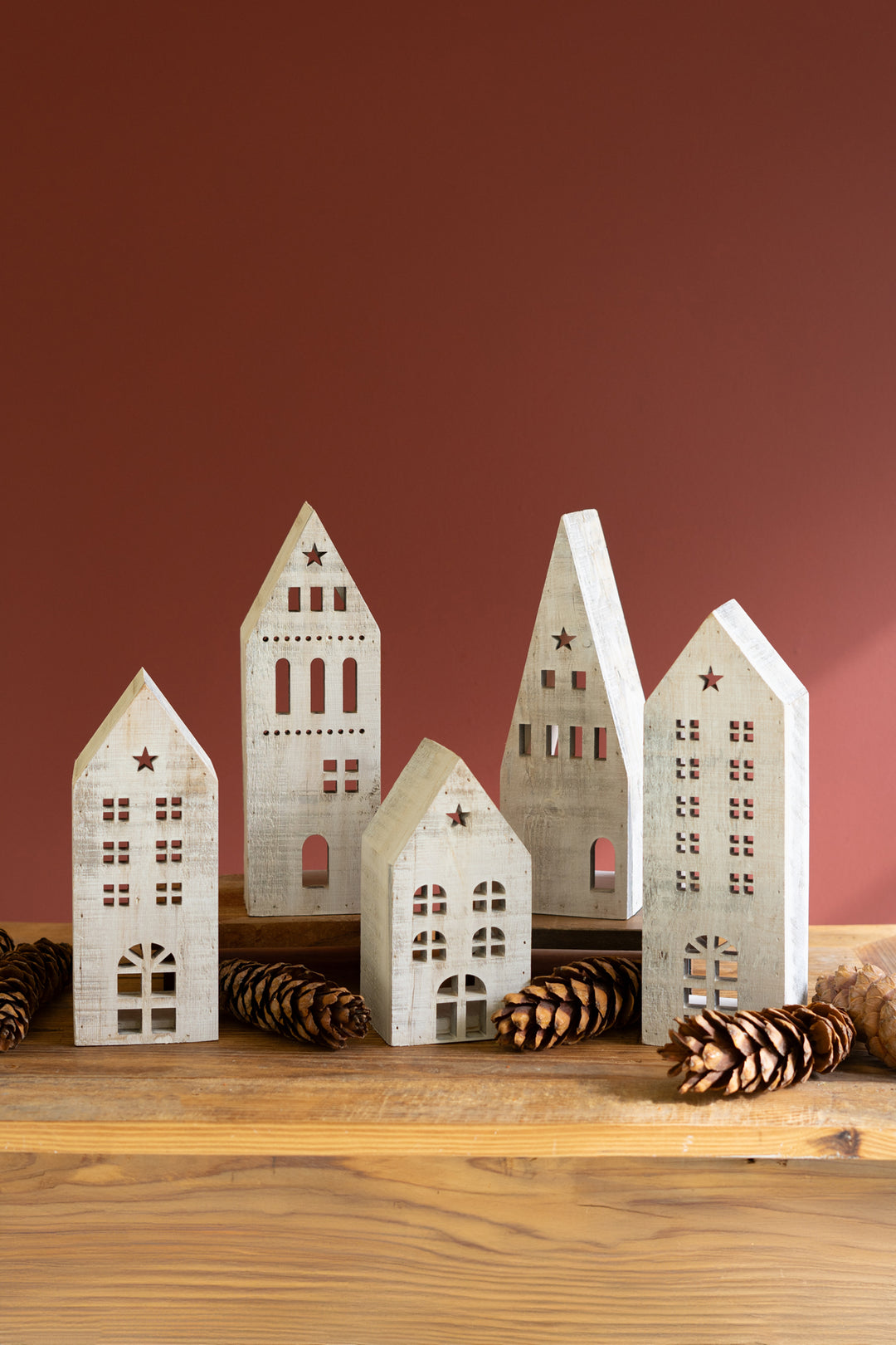 Set of 5 White-Washed Wooden Christmas Village