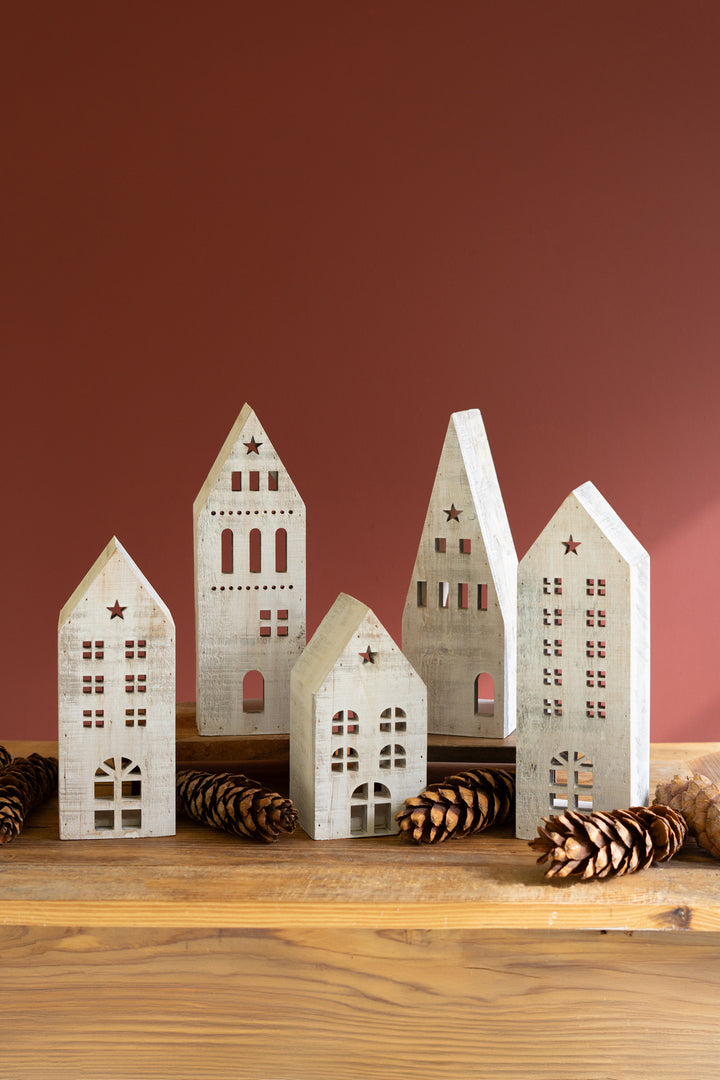 Set of 5 White-Washed Wooden Christmas Village