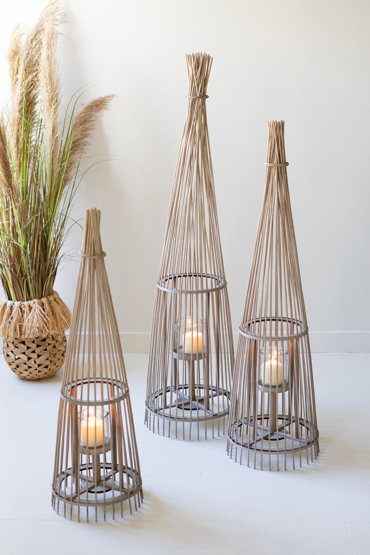 Set of 3 Grey Rattan Lanterns with Glass Inserts