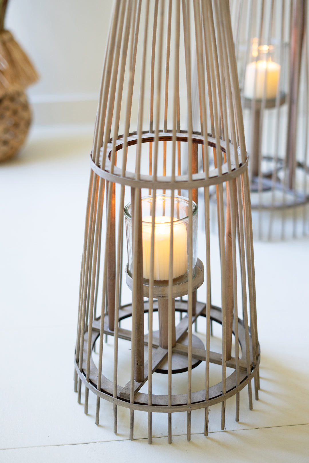 Set of 3 Grey Rattan Lanterns with Glass Inserts