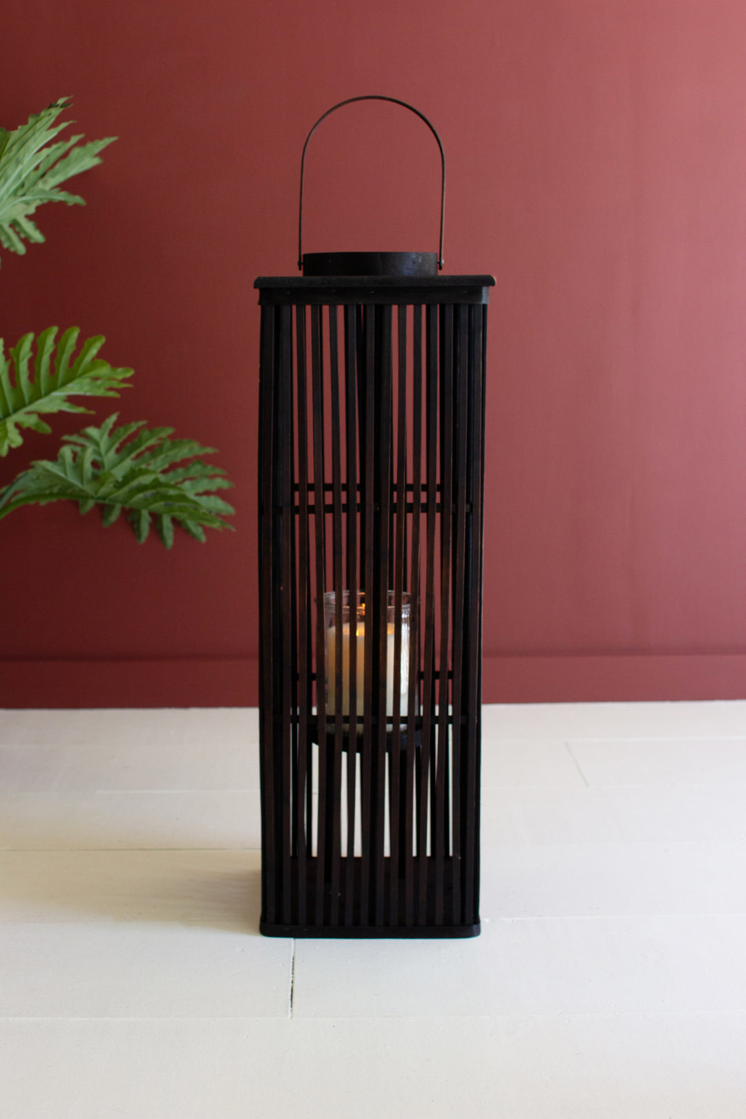 Tall Brown Rectangle Bamboo Lantern with Glass Insert / Large