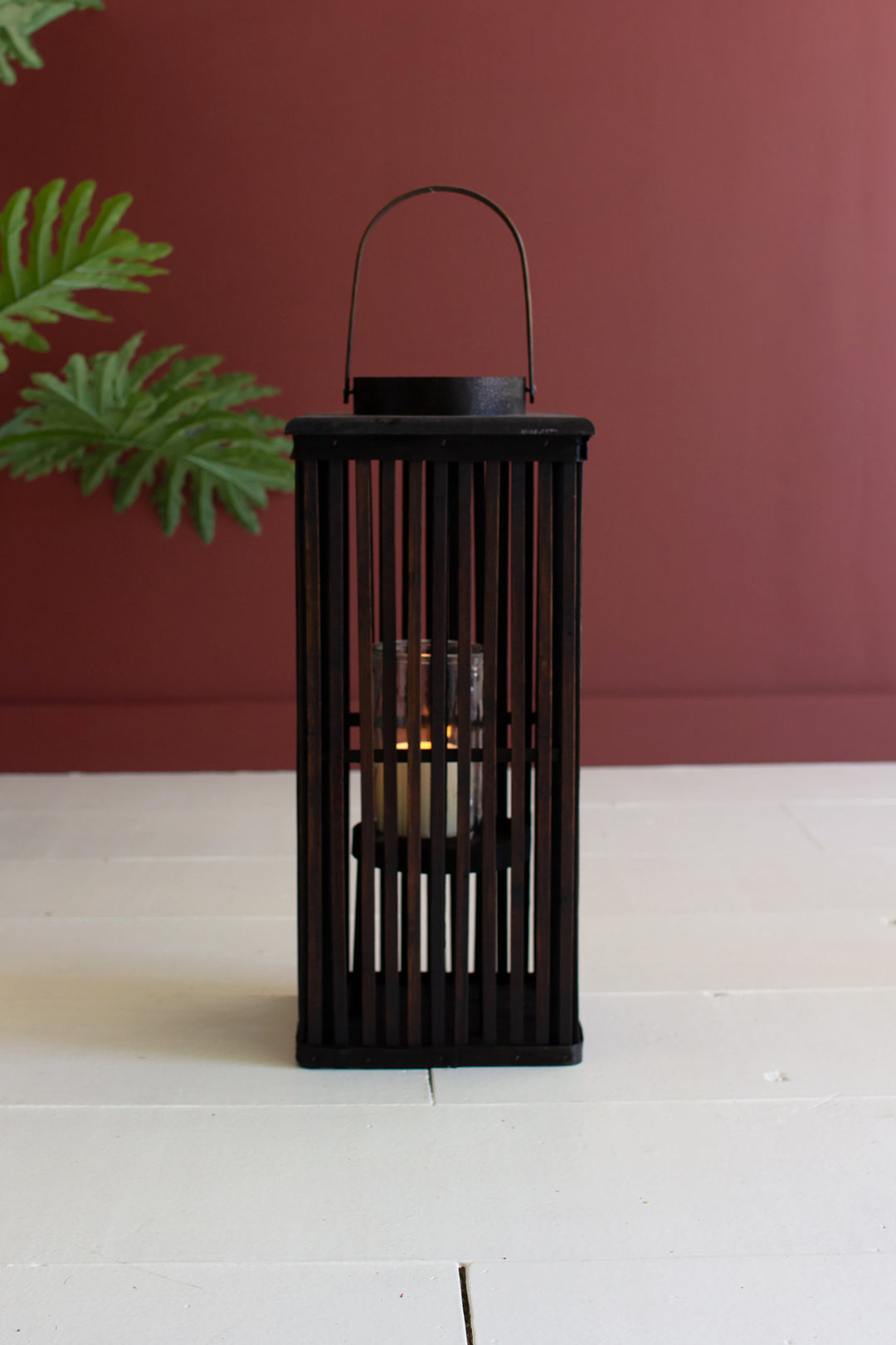 Tall Brown Rectangle Bamboo Lantern with Glass Insert / Small