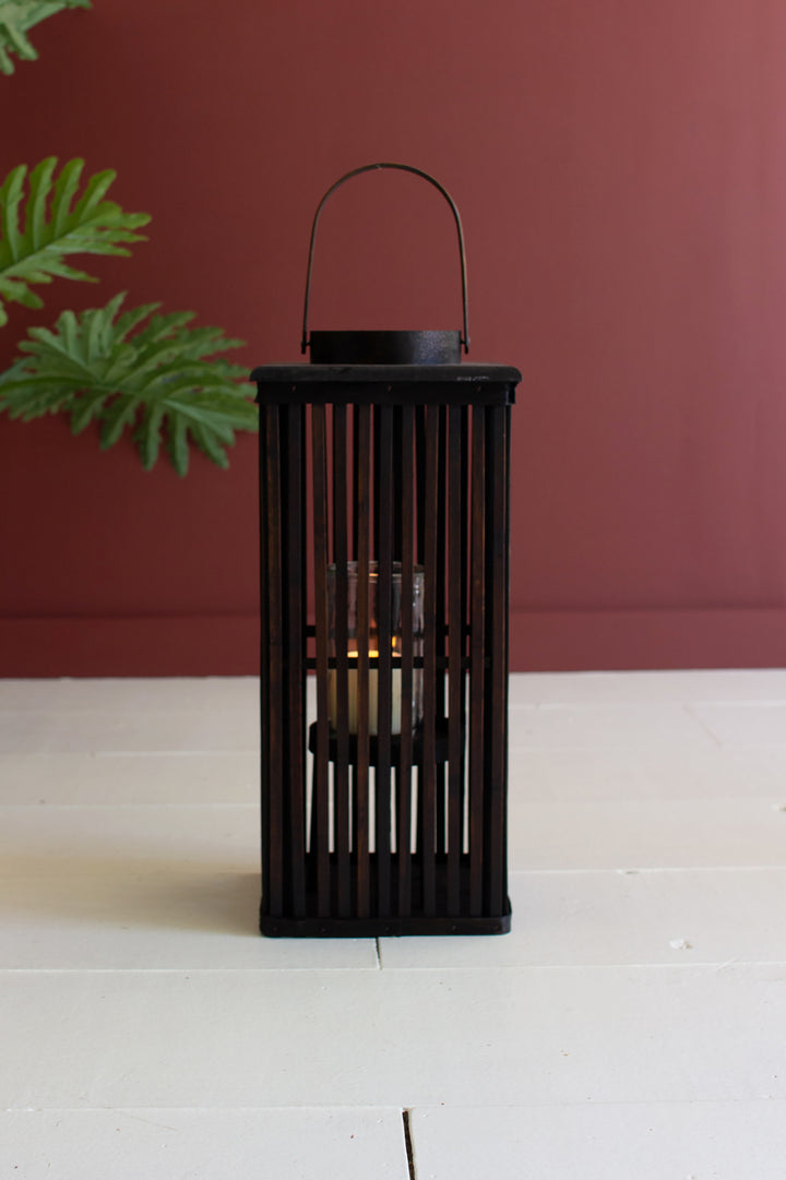 Tall Brown Rectangle Bamboo Lantern with Glass Insert / Small