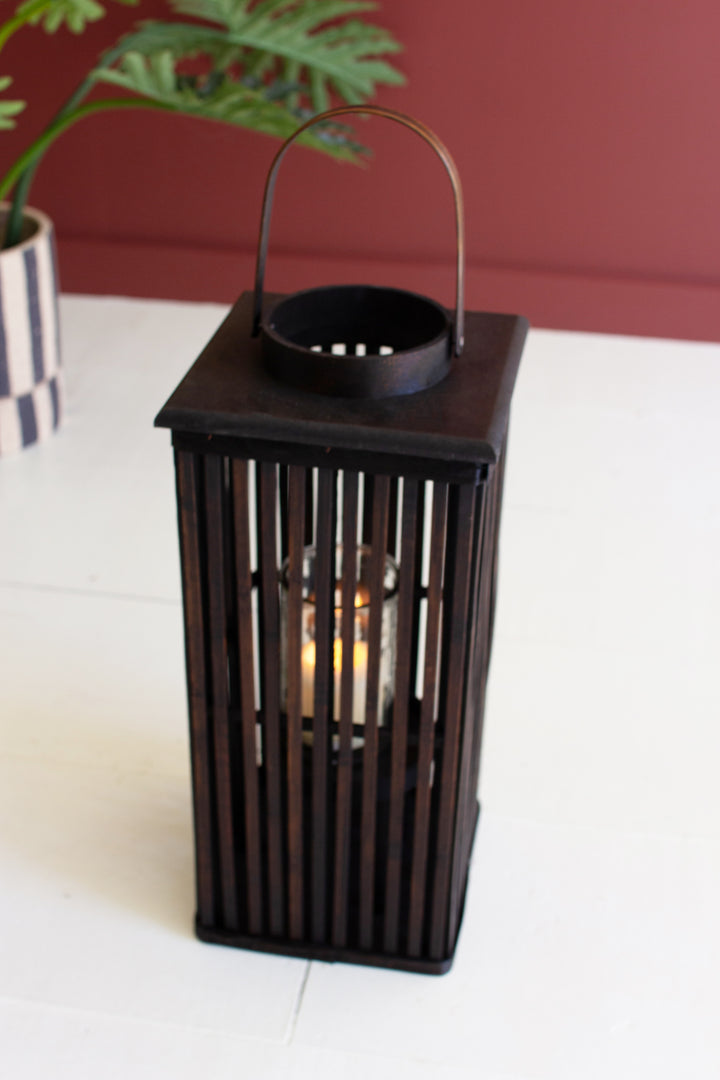 Tall Brown Rectangle Bamboo Lantern with Glass Insert / Small