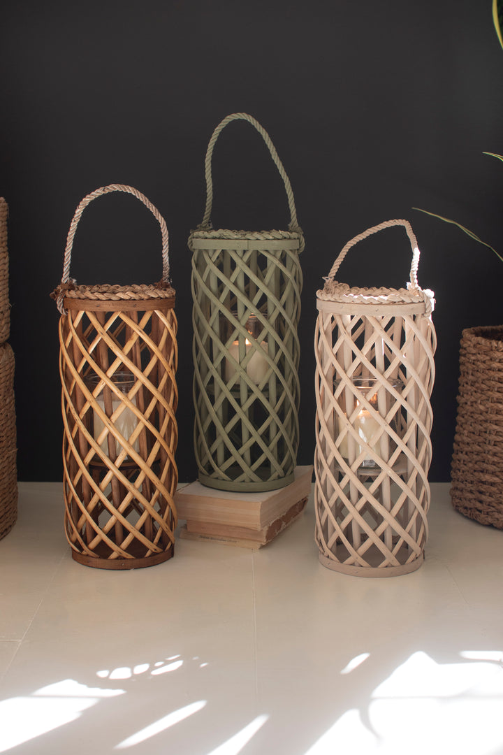 Set of 3 Short Willow Lanterns with Glass Inserts