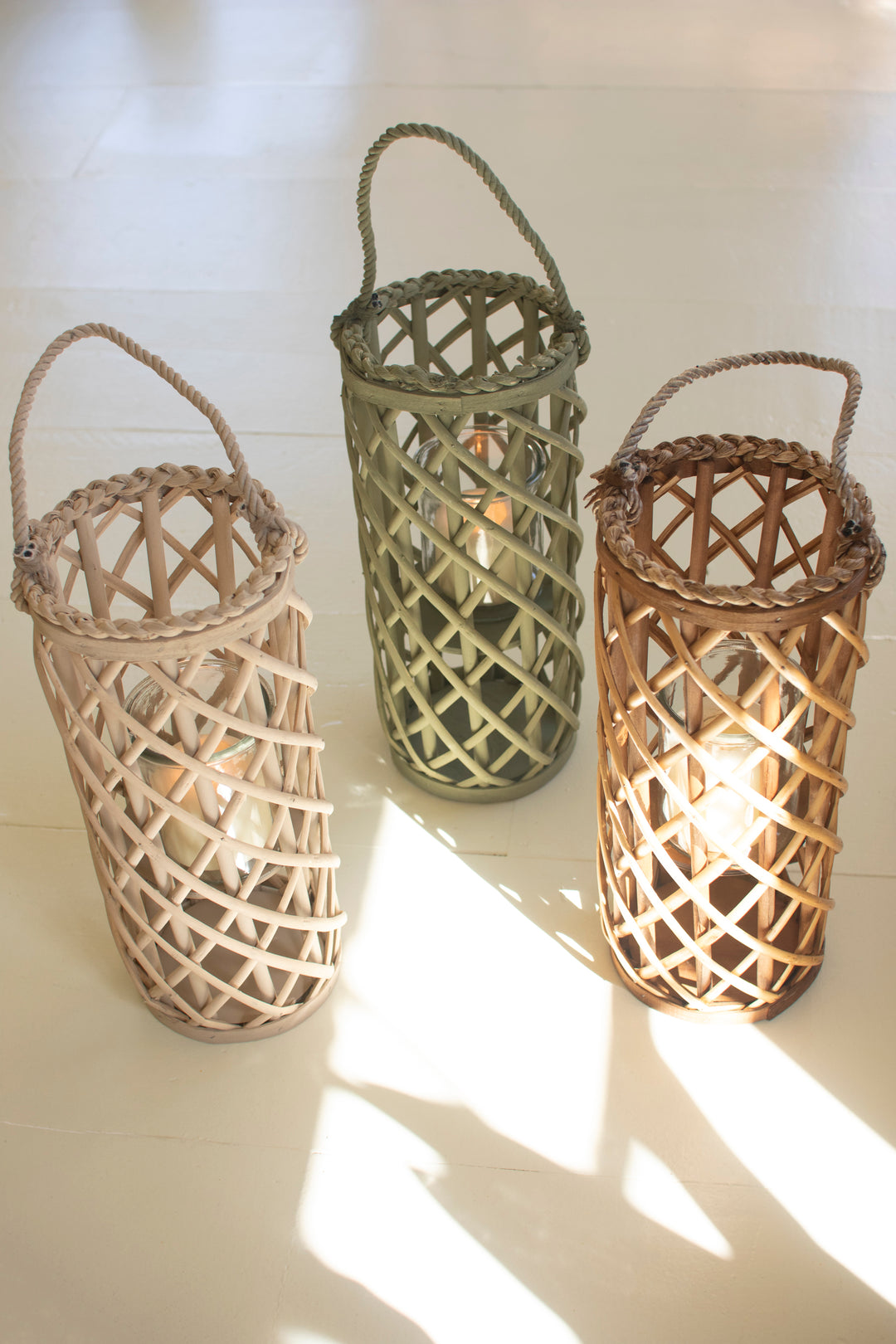 Set of 3 Short Willow Lanterns with Glass Inserts