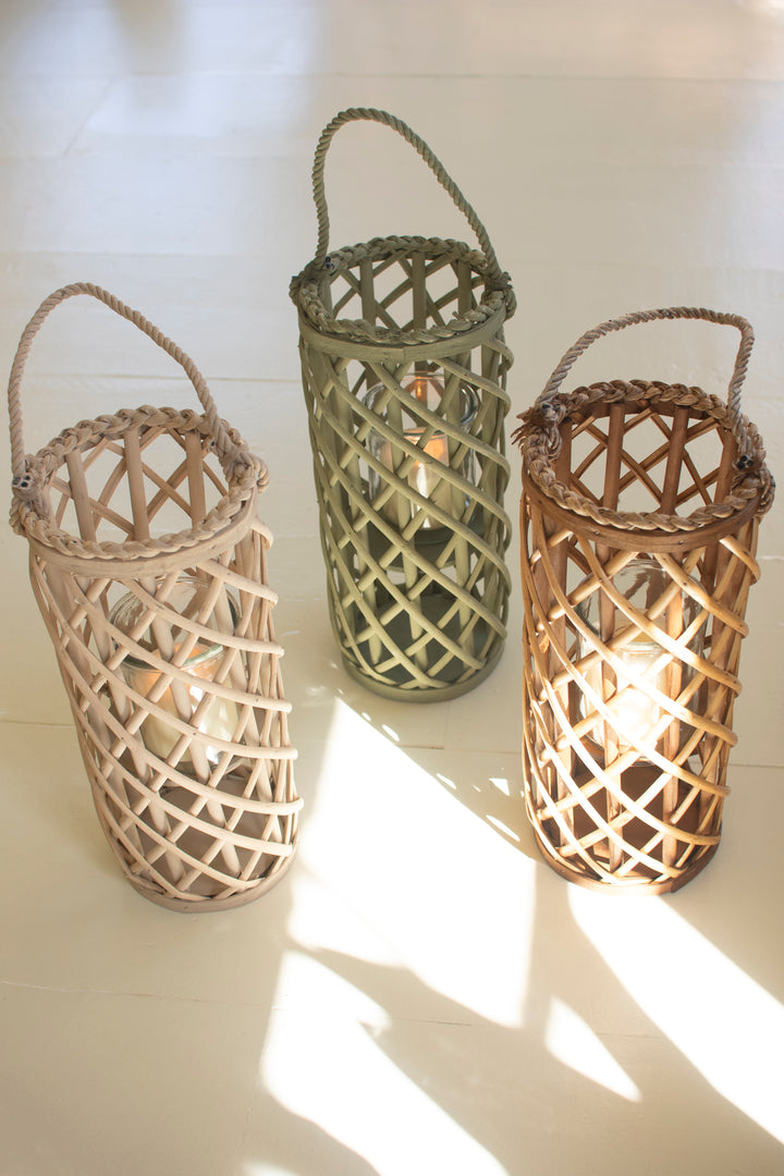 Set of 3 Short Willow Lanterns with Glass Inserts