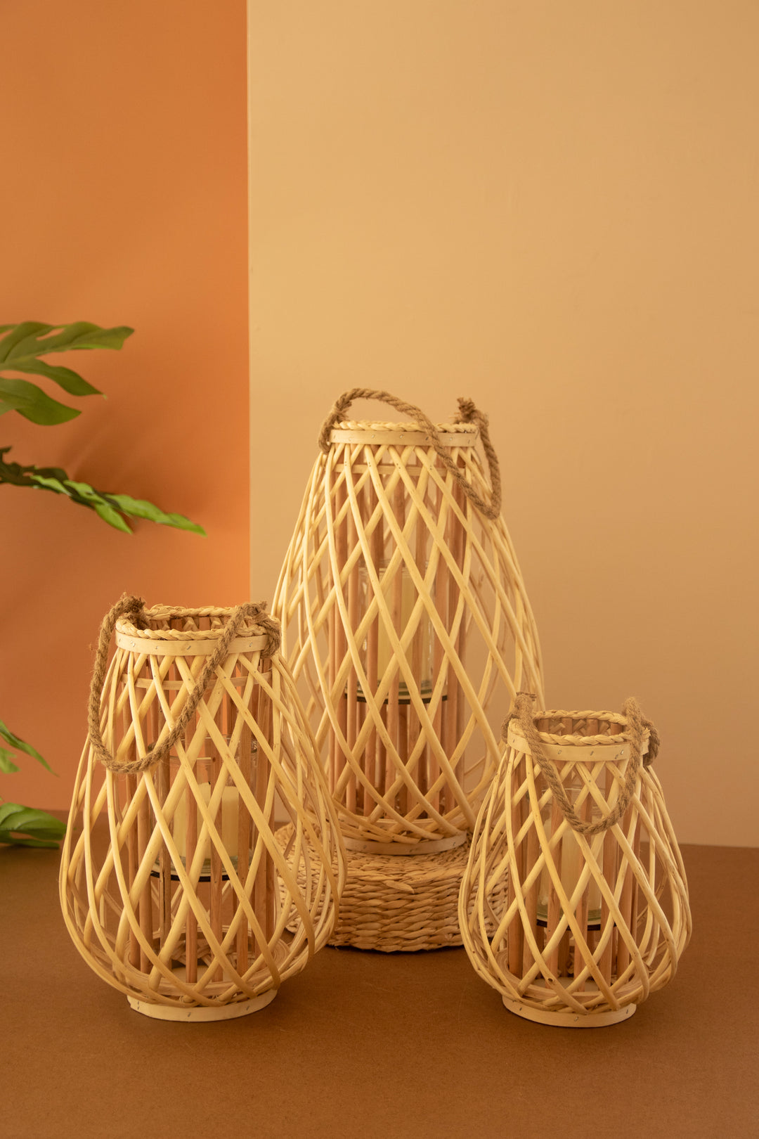 Set of 3 Natural Willow Lanterns with Glass Insert