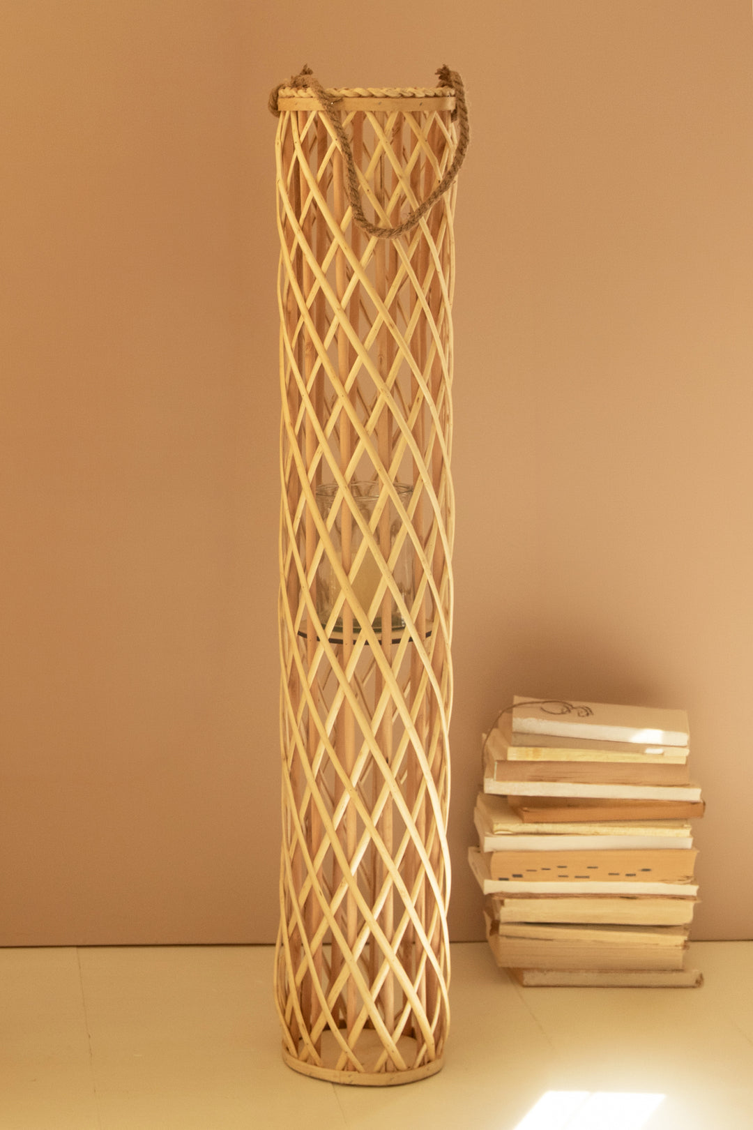 Tall Cylinder Natural Willow Lantern with Glass Insert