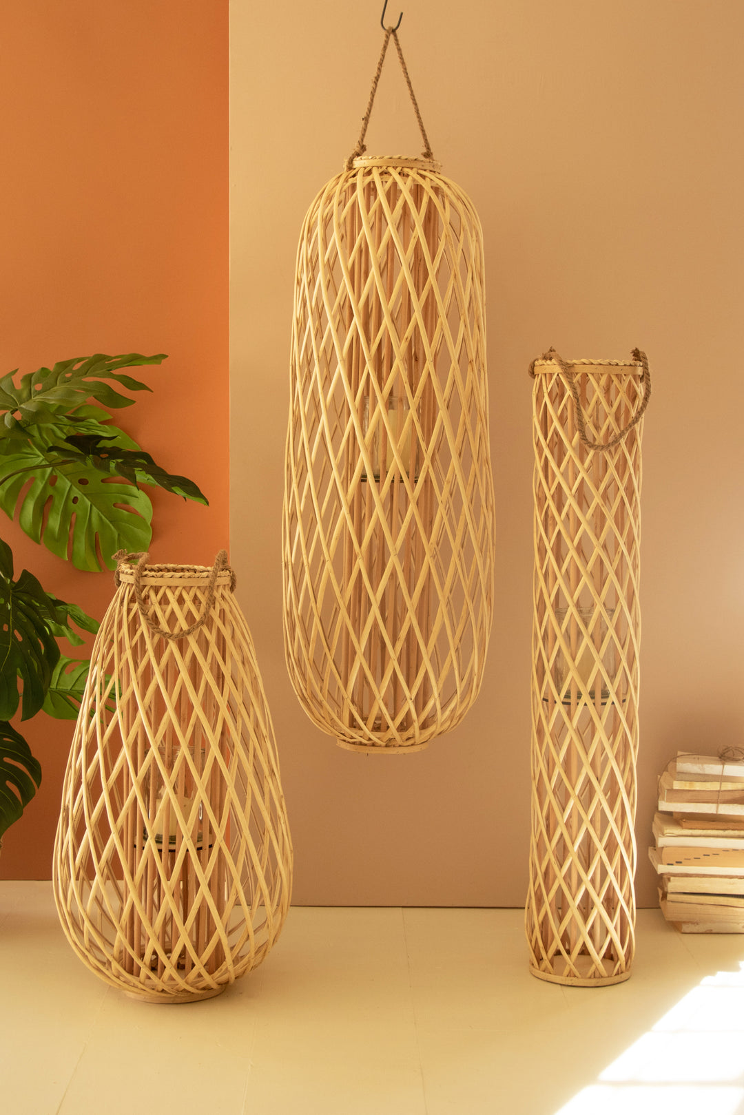 Tall Cylinder Natural Willow Lantern with Glass Insert