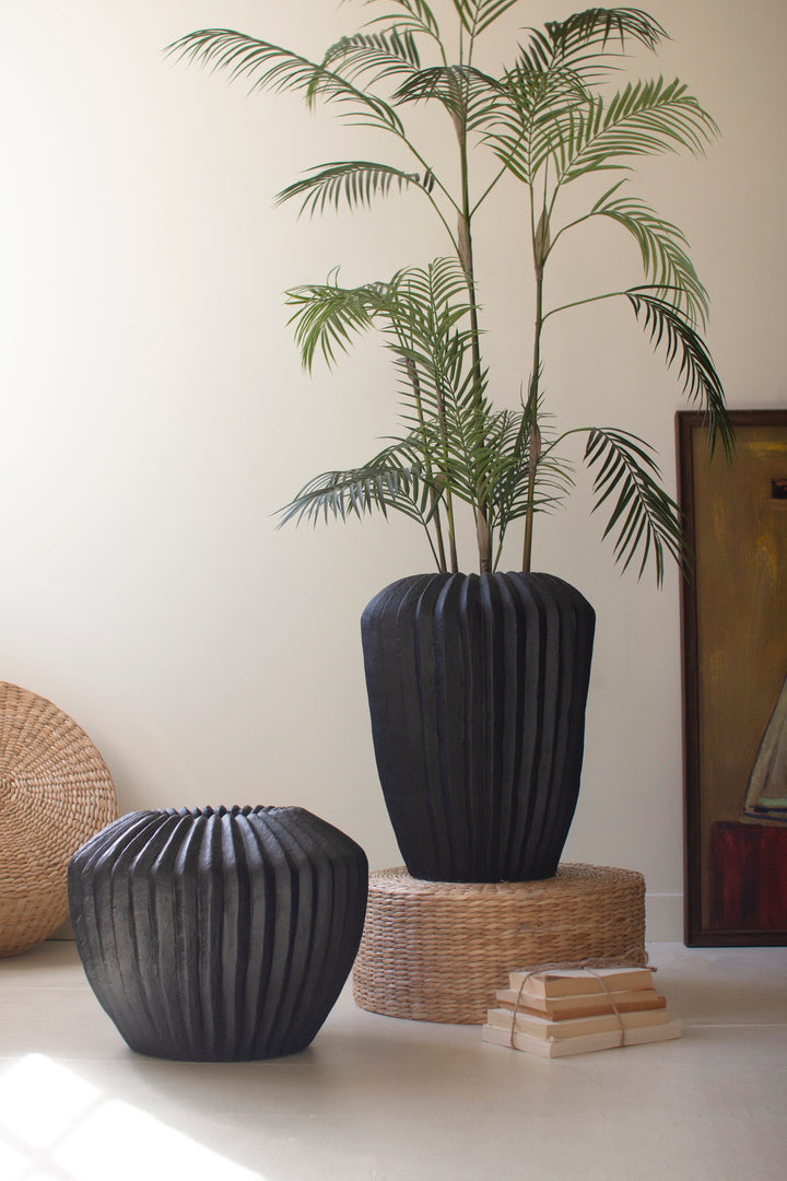 Short Black Stone Composite Urn with Fluted Detail
