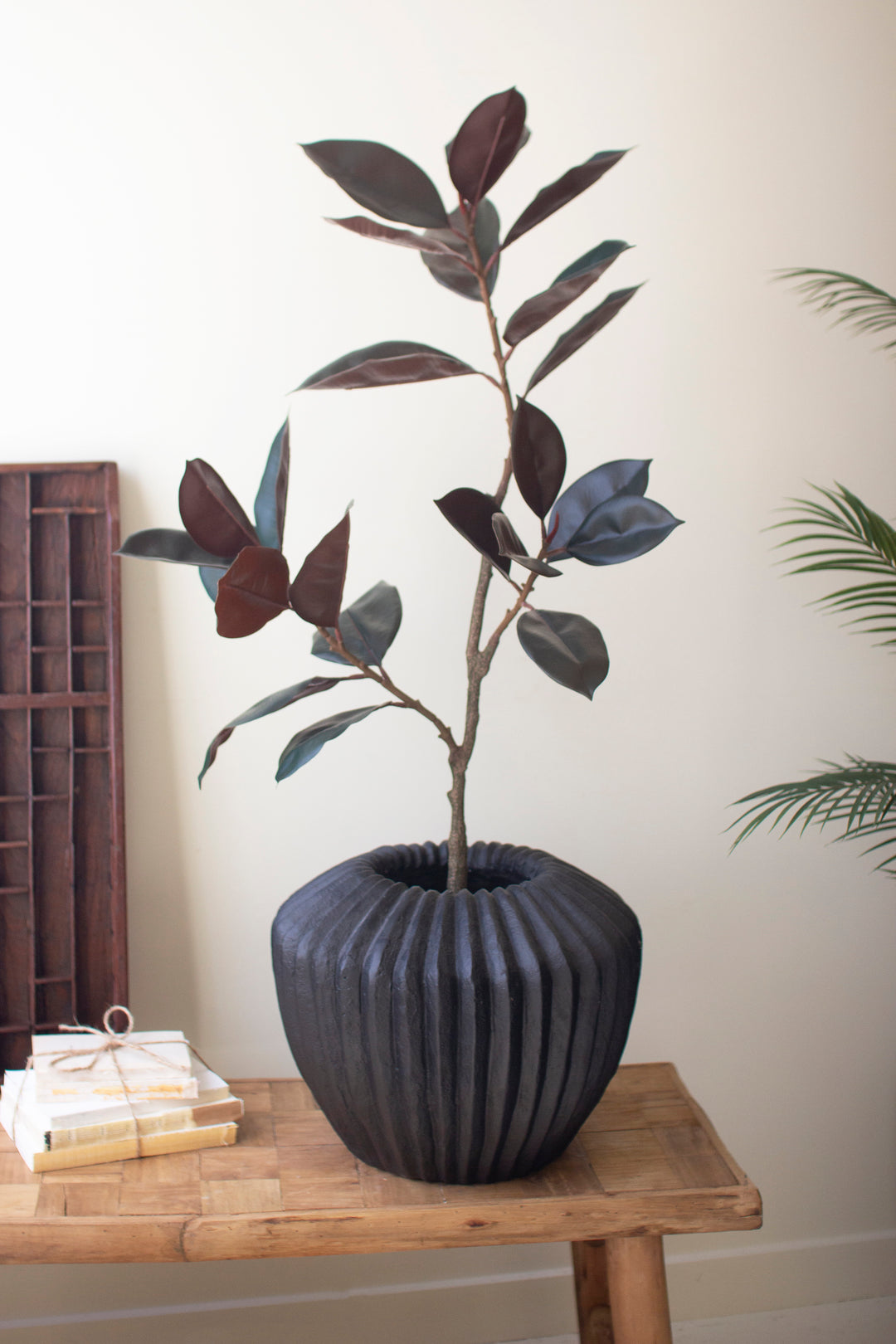 Short Black Stone Composite Urn with Fluted Detail