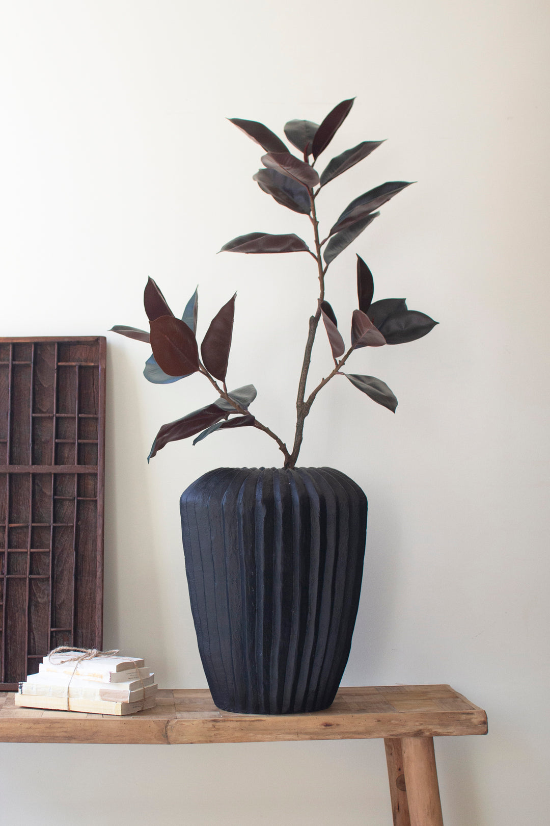 Tall Black Stone Composite Urn with Fluted Detail
