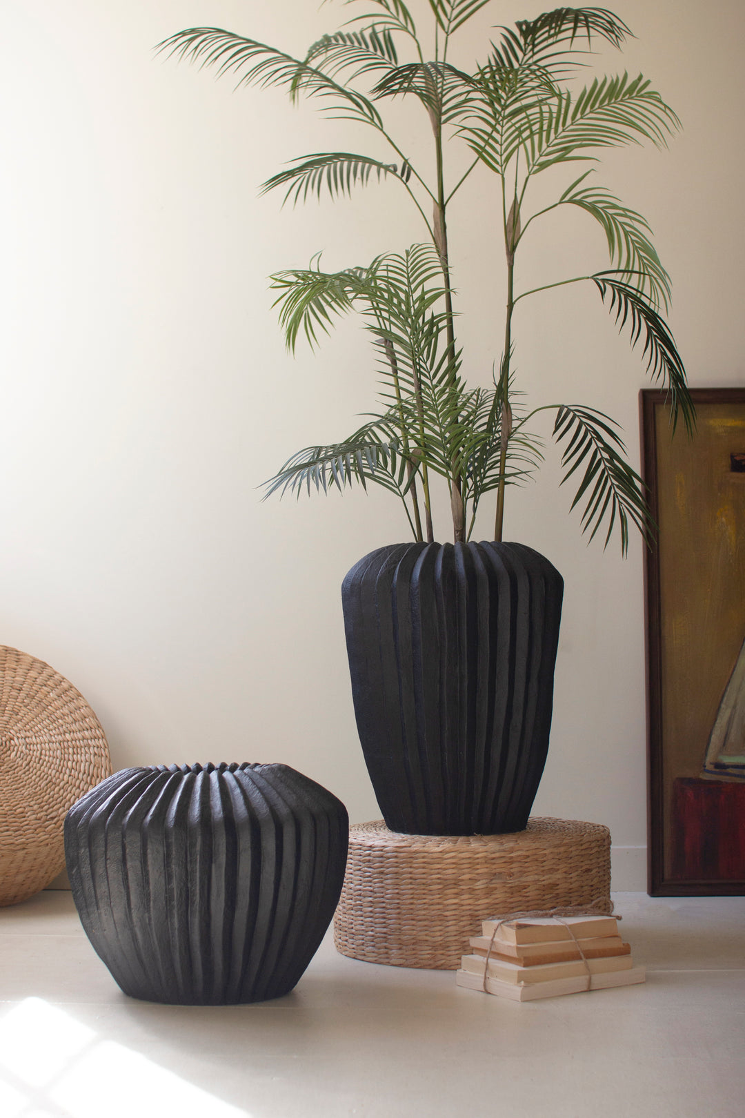 Tall Black Stone Composite Urn with Fluted Detail