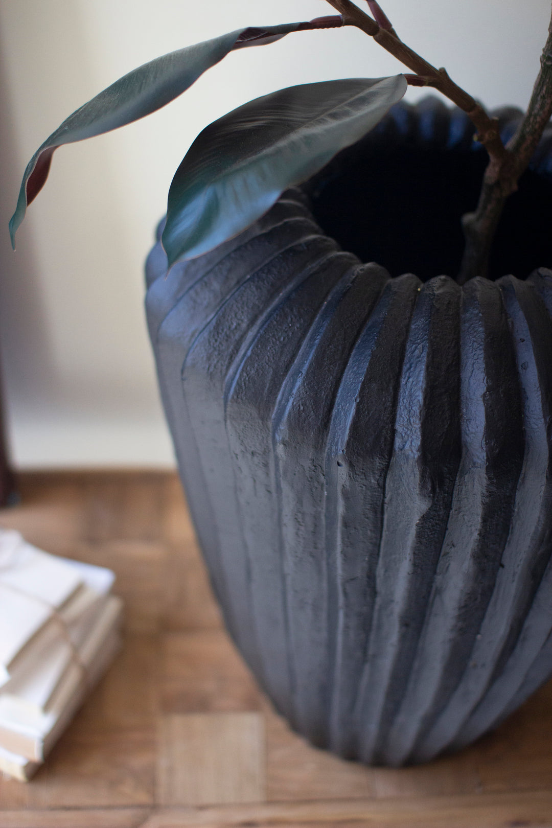 Tall Black Stone Composite Urn with Fluted Detail