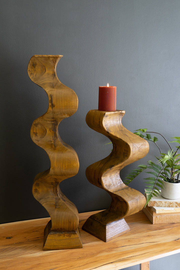 Set of 2 Hand-Carved Wooden Wavy Pedestals