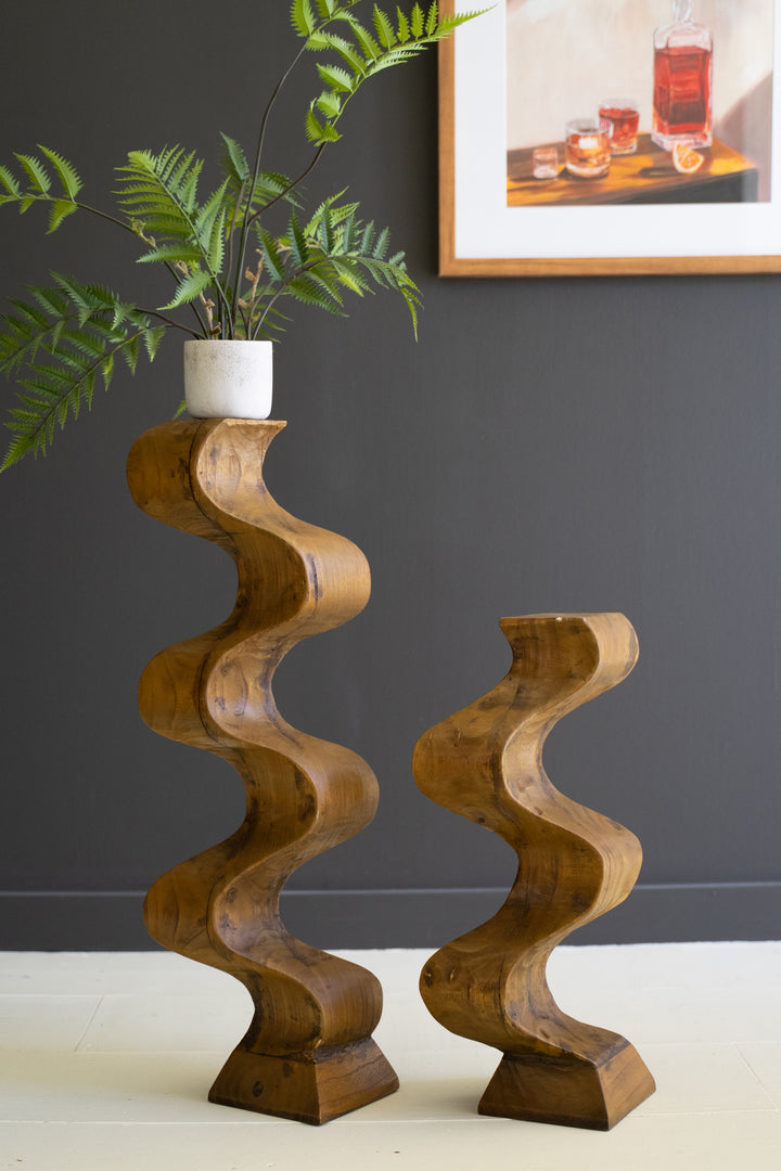 Set of 2 Hand-Carved Wooden Wavy Pedestals