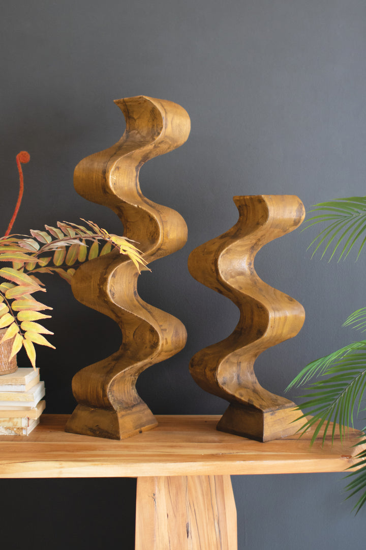 Set of 2 Hand-Carved Wooden Wavy Pedestals