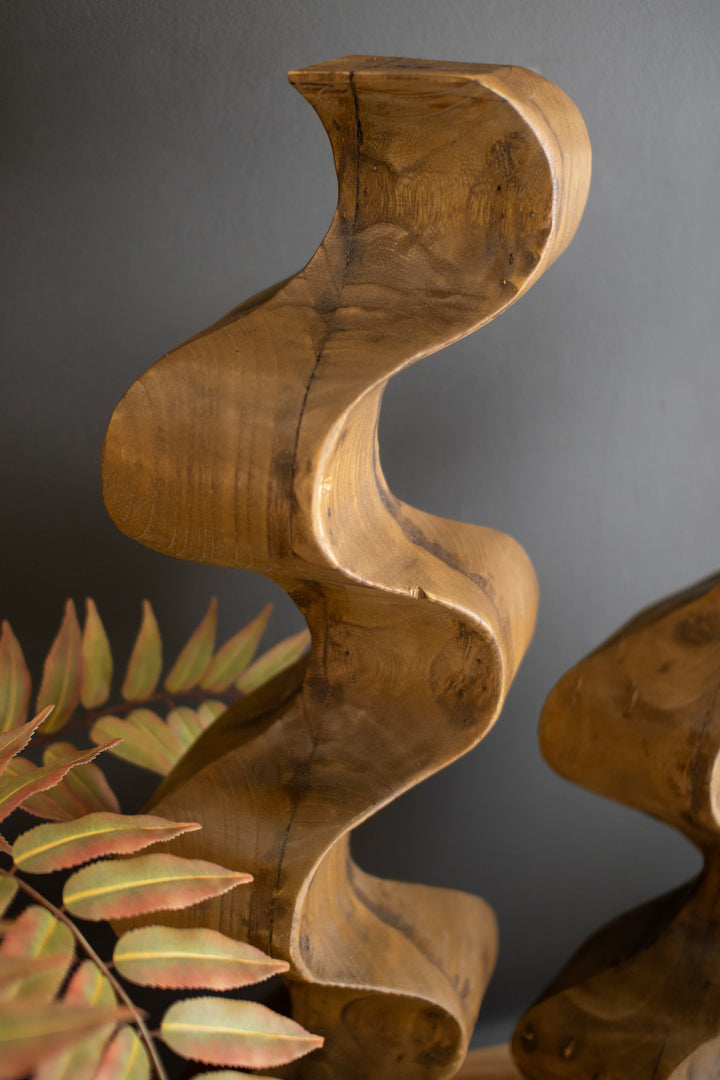 Set of 2 Hand-Carved Wooden Wavy Pedestals