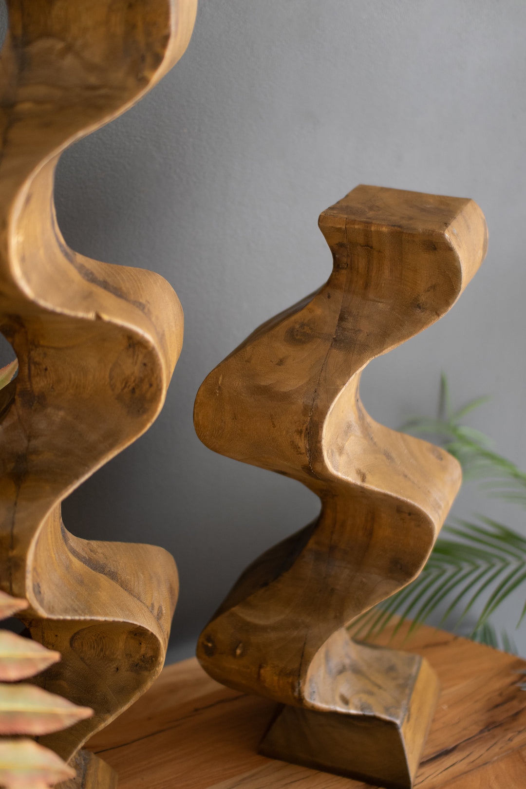 Set of 2 Hand-Carved Wooden Wavy Pedestals